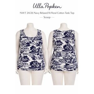 Ulla Popken Womens Navy Floral Cotton Relaxed Fit Scoop Tank Top Plus 24/26